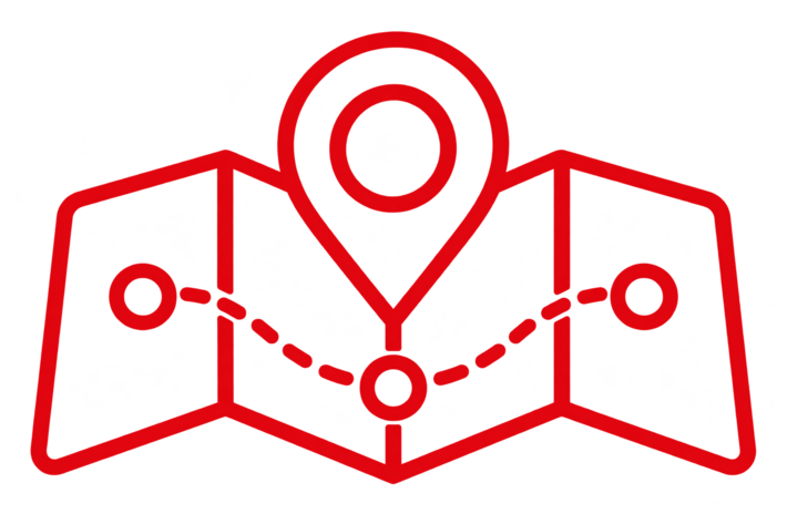 Rote Illustration einer gefalteten Karte mit Standortmarkierung und gestricheltem Weg zwischen drei Punkten.
