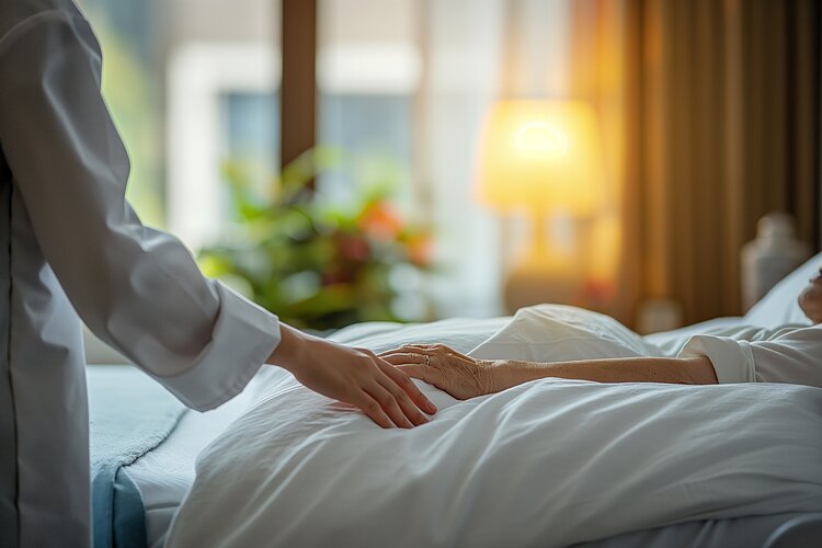 Eine Pflegeperson, die an einem Krankenbett steht.
