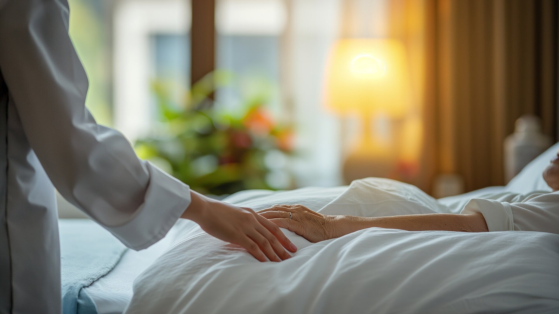 Pflegeperson am Bett eines Betroffenen