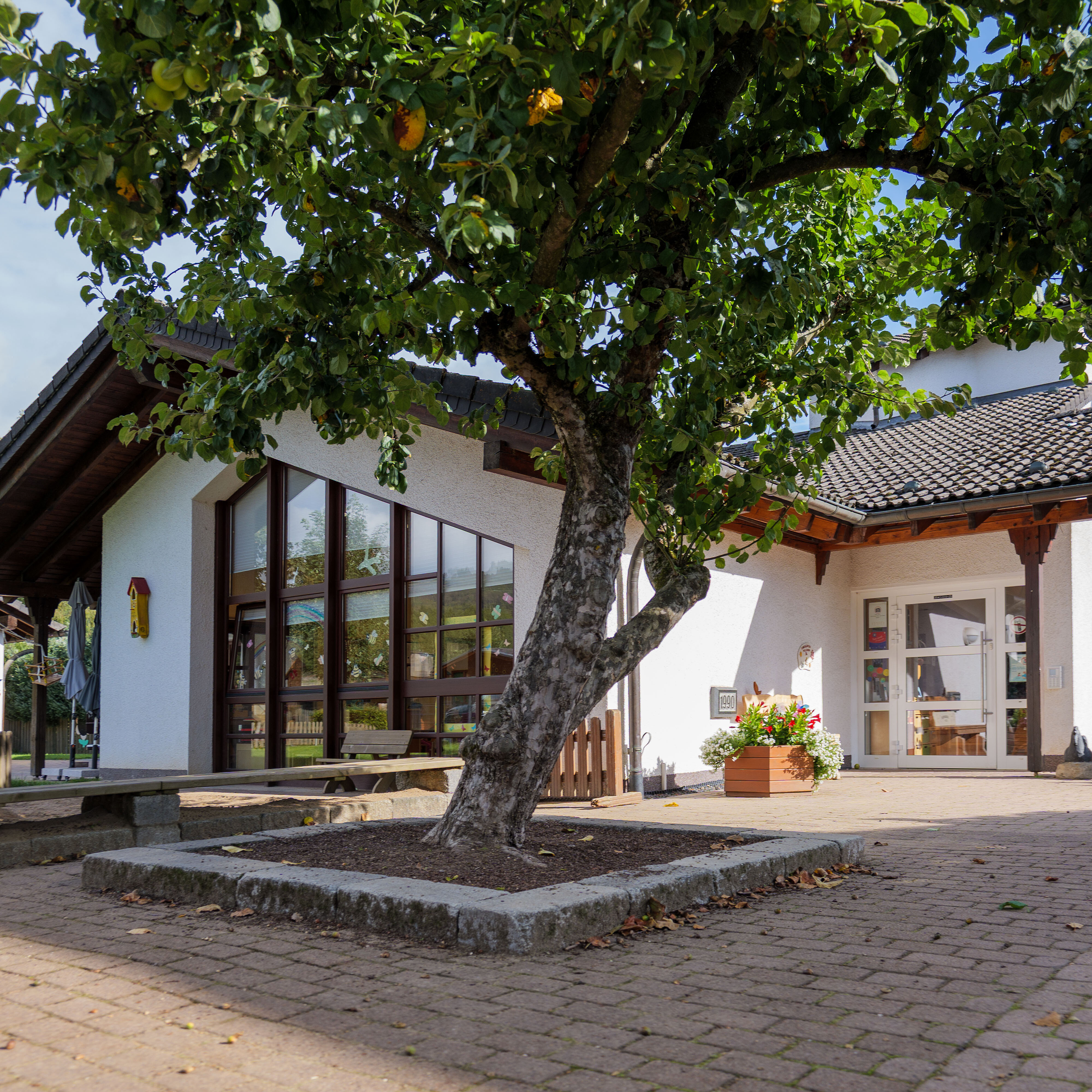 Außenansicht der Caritas-AufWind Kita in Lenhausen mit großem Baum und gepflastertem Vorplatz