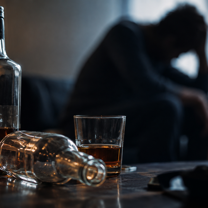 Eine Person sitzt mit gesenktem Kopf auf einem Sofa, im Vordergrund stehen eine Alkoholflasche und ein Glas.
